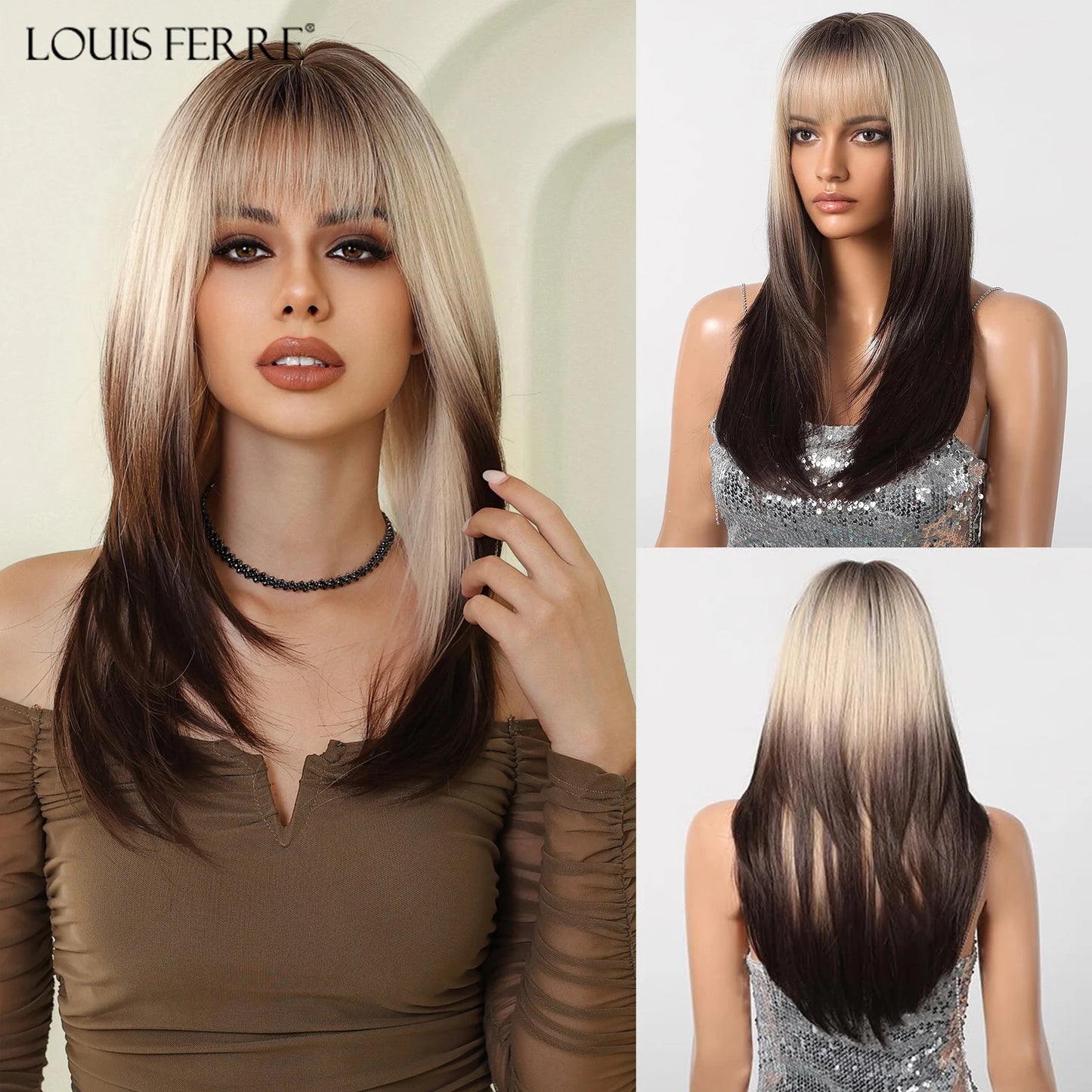 LOUIS FERRE Black Pink Ombre Synthetic Wigs for Cosplay Long Straight Layered Wigs with Bangs for Women Heat Resistant Fake Hair