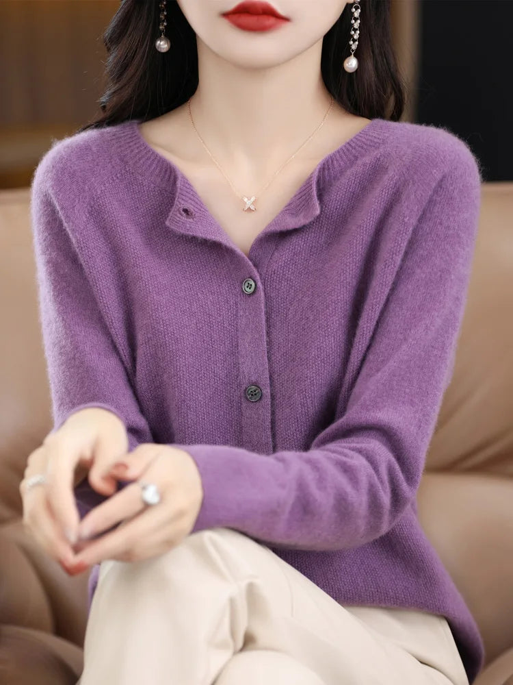 Long Sleeve 100% Merino Wool Sweaters Cashmere Cardigan Spring Autumn Women O-Neck Knitwear Tops Clothing Fashion Basic Tops