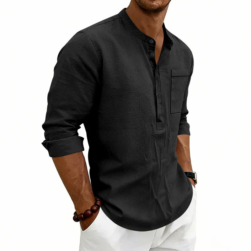Summer Men's Linen Henry Long Sleeve T-Shirt  European and American Woven Solid Color Casual Polo Shirt