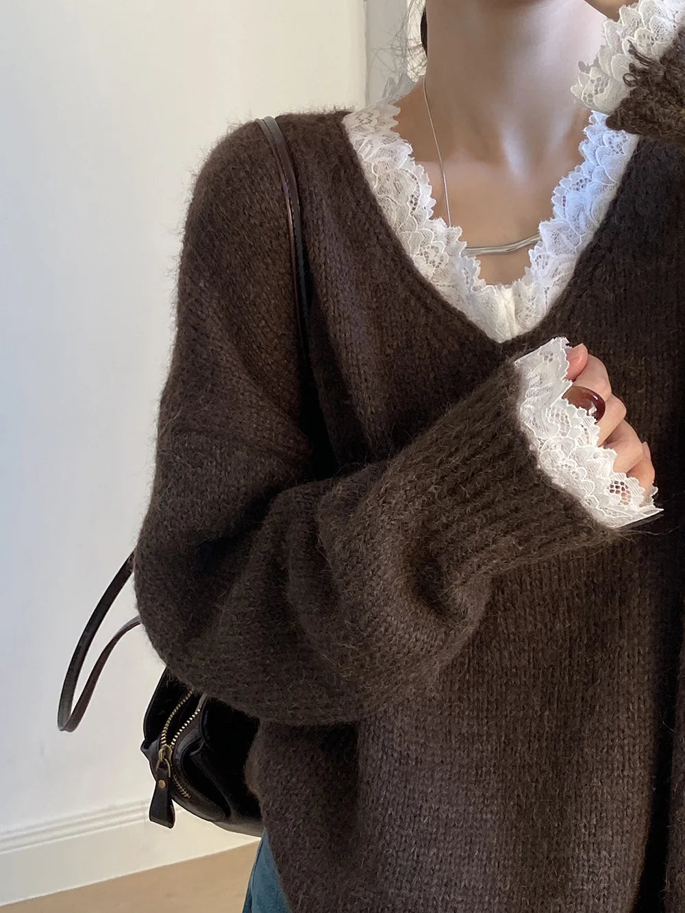 Aoaiiys Sweaters Women V Neck Lace Spliced Pullovers Vintage Chic Knitted Jumpers Autumn Winter New Comfortable Loose Sweaters