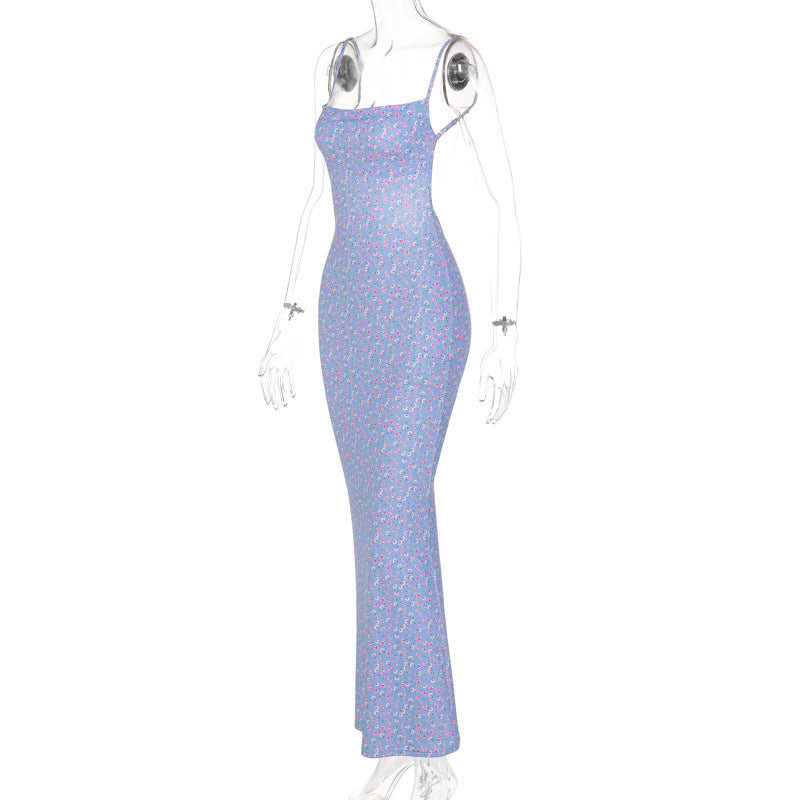 Women Elegant Dress Sexy Spaghetti Strap Sleeveless Backless Slim Fit Floral Printed Long Dresses Summer Bodycon Dress Y2K