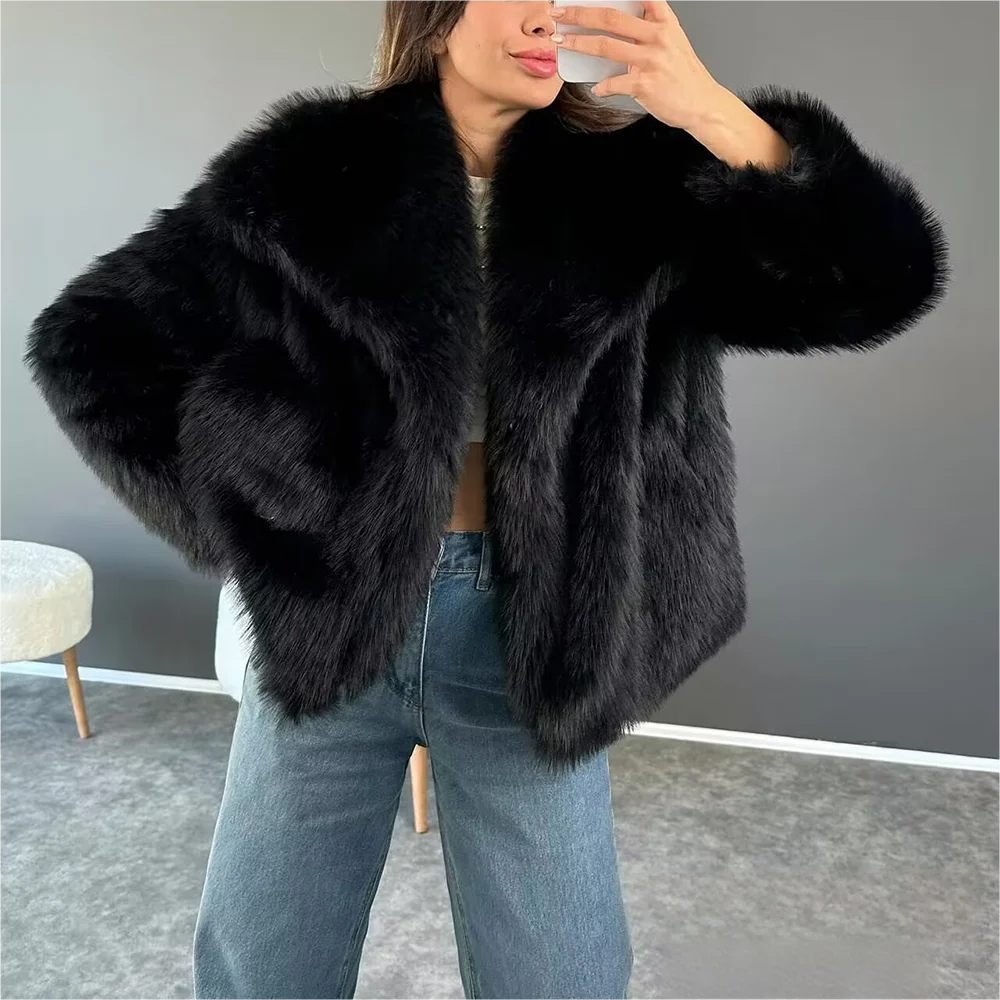 KONDALA Casual Brown Thick Fur Jackets Women Long Sleeve V Neck Autumn Winter Faux Fur Coats Fashion 2025 Streetwear Outwears
