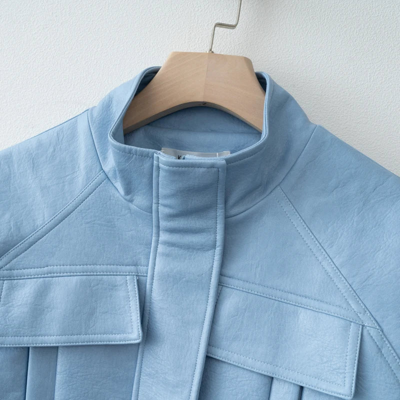 Women Fashion 2025 Fall / Autumn Pu Leather Jacket with Elastic adjustable waist Female Coat and Outerwear