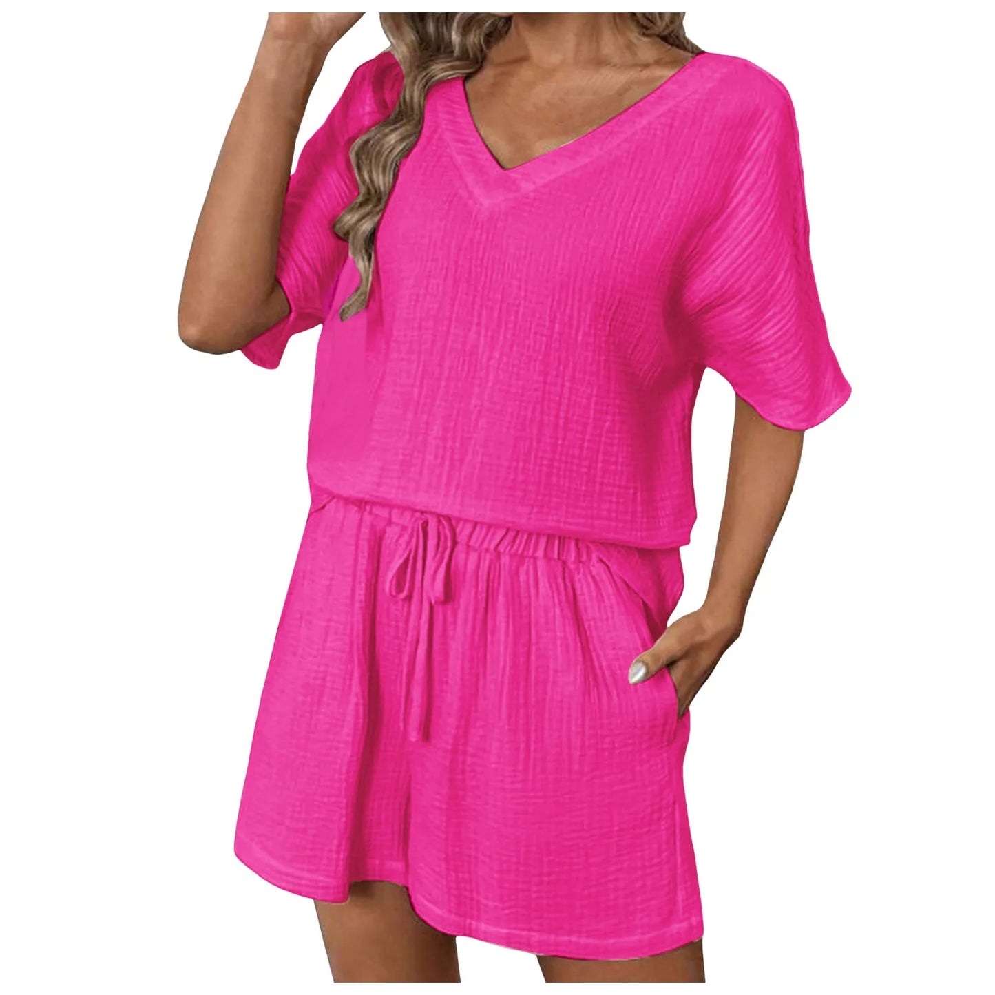 Women's Vacation Fashion Casual Suit Solid Color Summer Shorts And Shirt Top Two Piece Sets Lapel Shirt Sexy Slim Swimming Tech