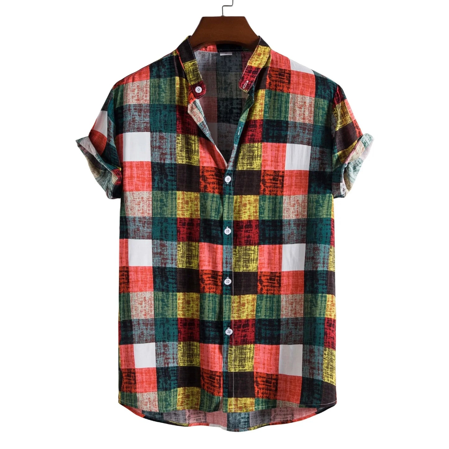 Men's Fashionable Short Sleeve Shirt 2021 New Style Plaid Print Stand Collar Casual Wear Made in China for Global Trade
