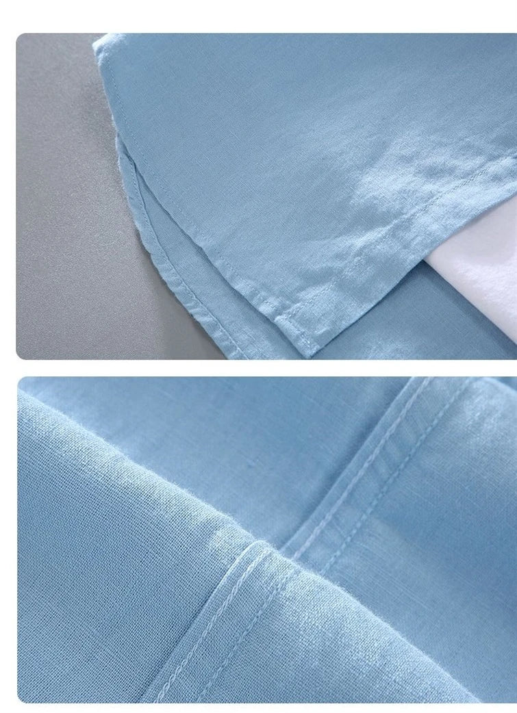 Men's Cotton Linen Short-Sleeved Shirt Summer Streetwear Plain Color Stand Collar Casual Beach Style plus Size M-3XL