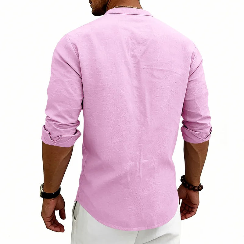 Summer Men's Linen Henry Long Sleeve T-Shirt  European and American Woven Solid Color Casual Polo Shirt