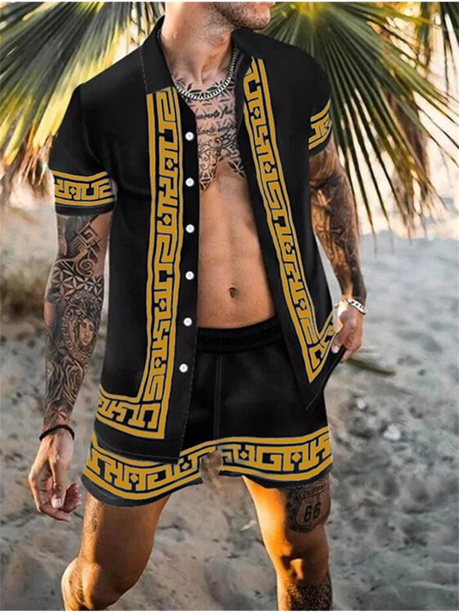 Men's Shirt Sets 3d Print Patchwork Lapel Short Sleeve Casual Shirt Beach Shorts Summer Streetwear Vacation Hawaiian Suits Men