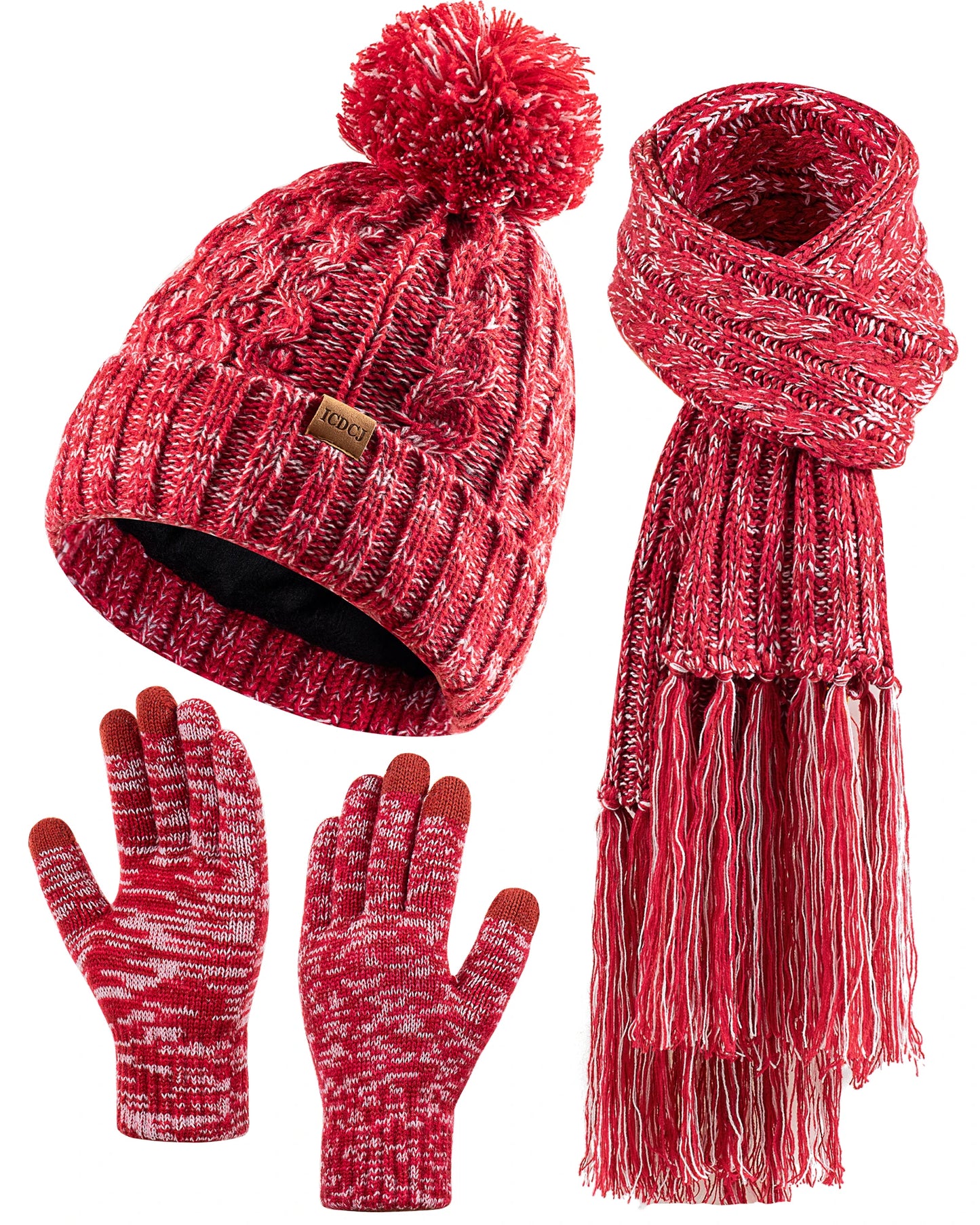 Women Winter Knit Beanie Hat+Touchscreen Gloves+Long Scarve 3 in 1 Set Gift for Women Girls