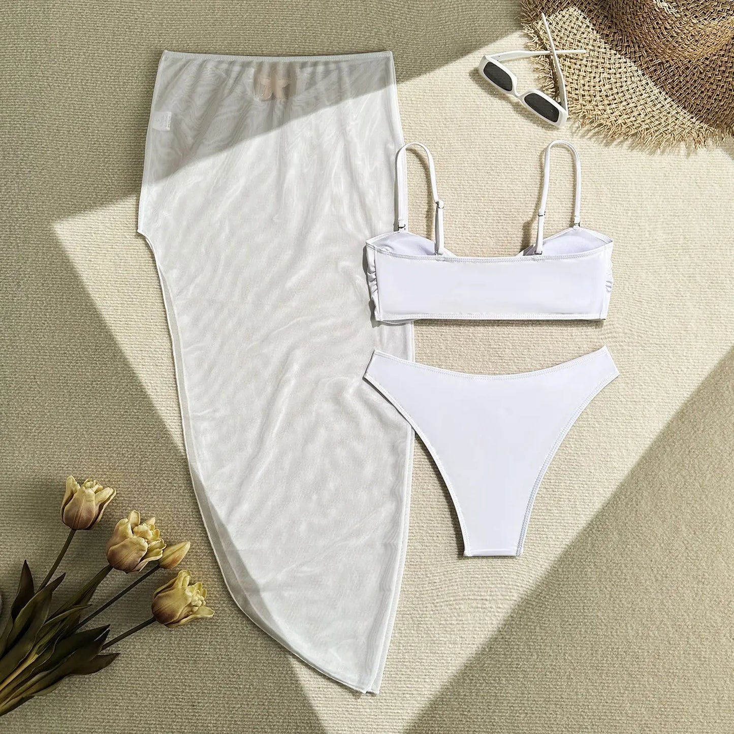 Women's 3 Piece Swimsuit Metal Starfish Bikini Set High Waist Yarn Skirt Cover-ups Suspender Backless Swimwear 2025 Summer New
