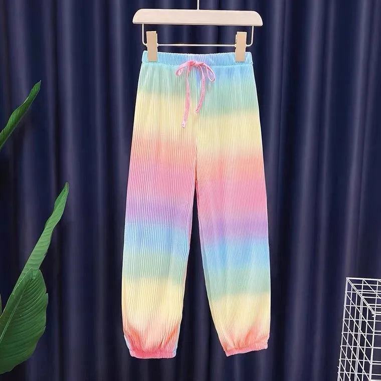 New Fashion Ice Silk Rainbow Gradient Color Loose 2pcs T-shirts+pants  Girls 2024 Summer Suits 3-12 Years Kids Tie-dyed Clothing