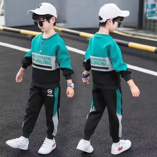 2024 autumn winter Boys Tracksuit velvet Children patchwork letters Cotton T-Shirt + Pants Suit Clothes children Set 12 14 Y