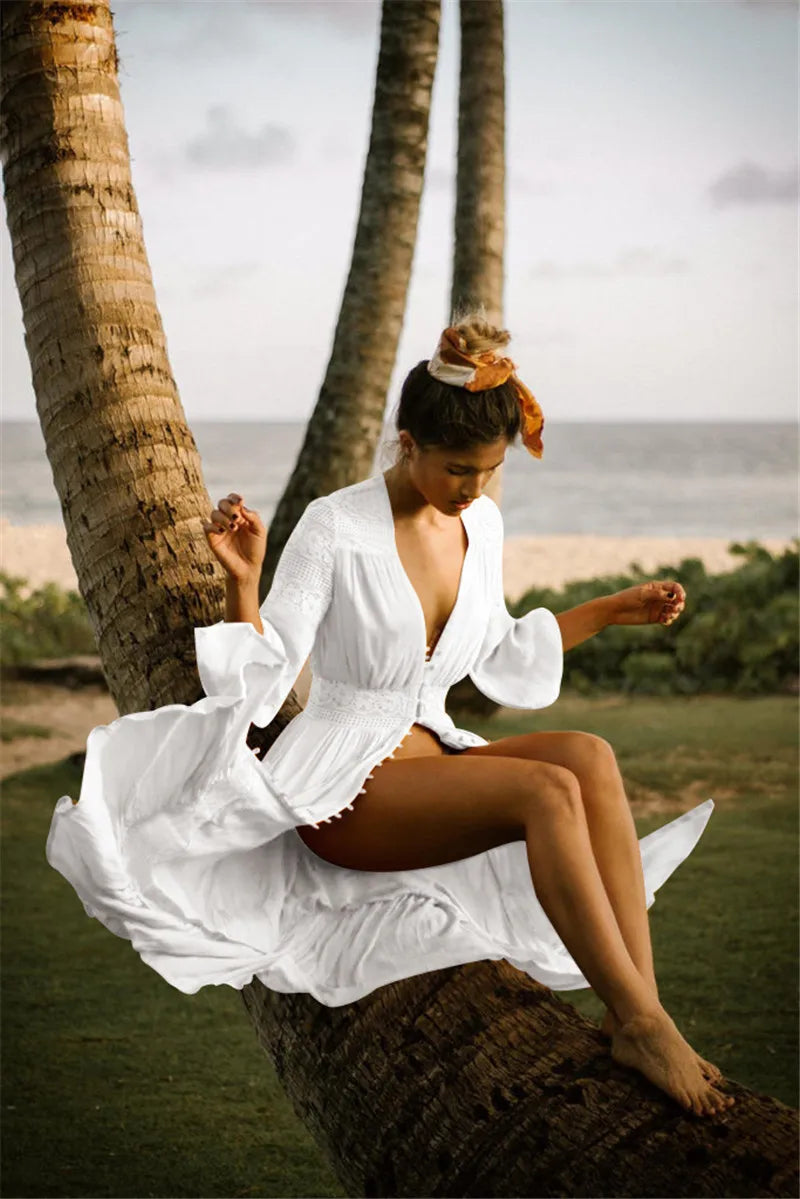 2024 New Self Tight Kaftan Beach Tunic Beach Cover up Saida de Praia Swimsuit Women Bikini cover up Pareo Sarong Beachwear Swim