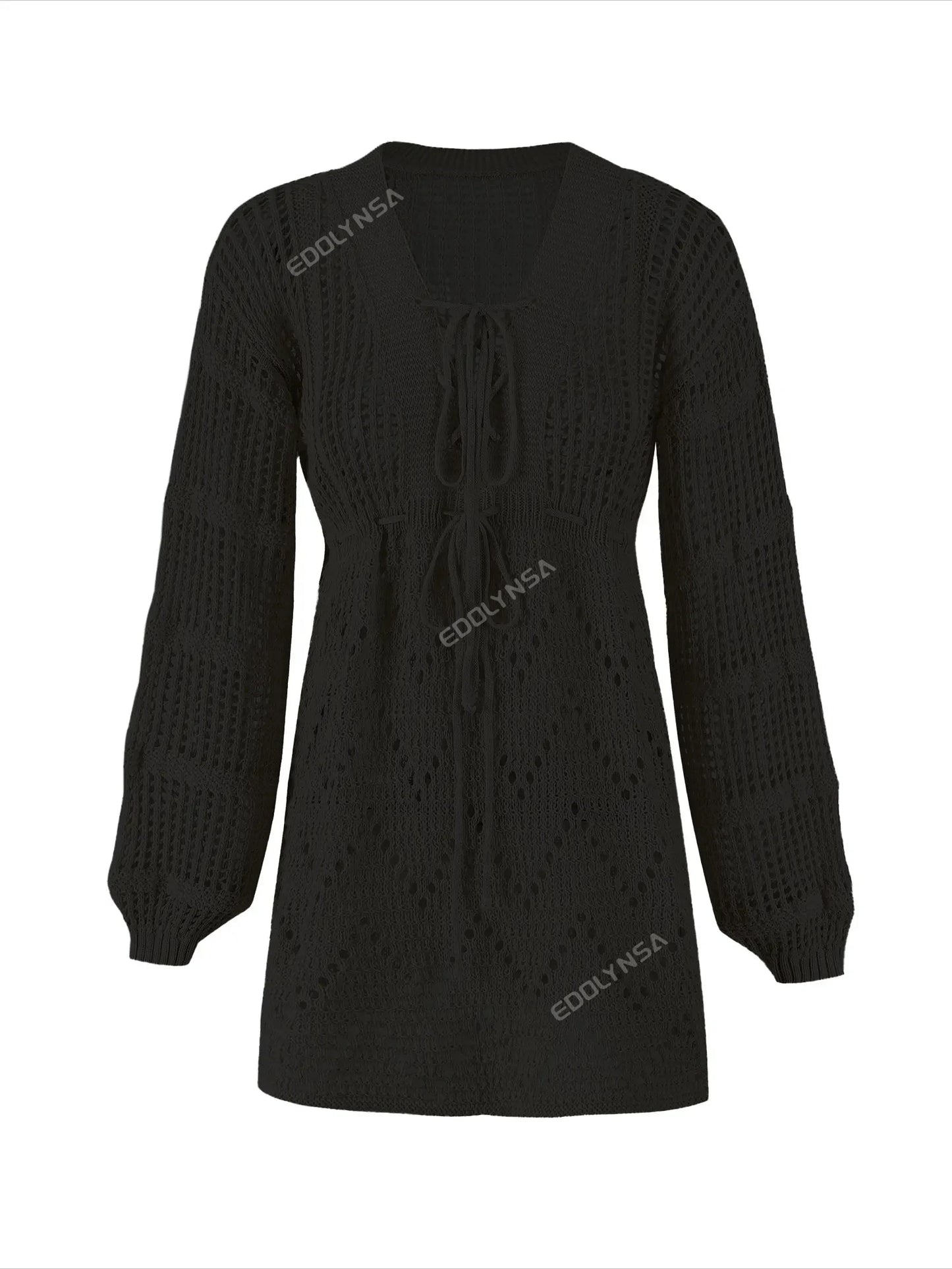 Sexy Deep V-neck Lace-up Bell Sleeve Knit Mesh Hollow Out Beach Mini Dress 2025 Summer Swimsuit Cover Up Women Casual Tunic K14