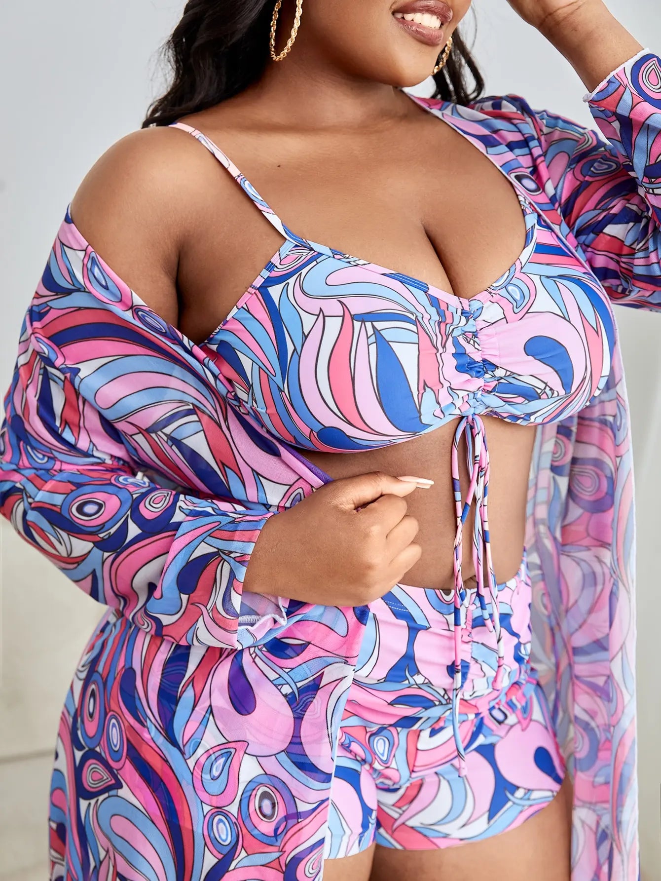 3 Pieces Large Size Bikini 2025 Printed Swimsuit Women & Kimono Drawstring Front Swimwear Female Bathing Swimming Suit Beachwear
