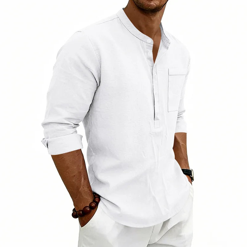 Summer Men's Linen Henry Long Sleeve T-Shirt  European and American Woven Solid Color Casual Polo Shirt