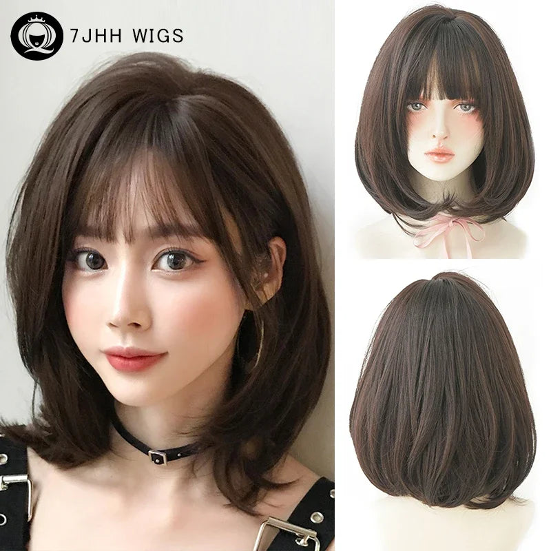 Pixie Cut Wigs Synthetic Short Straight Pink Brown Bob Wigs with Dark Roots High Density Layered Hair Wigs with Curtain Bangs