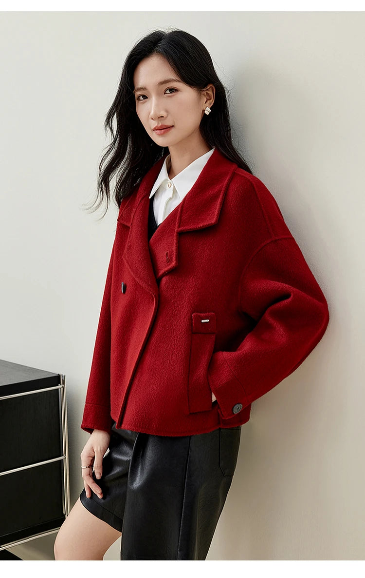 SENTUBILA 100% Wool Coats For Women Winter Jackets 2025 Stand Turtleneck Double Sided Short Outerwears Female Clothes W44O56626