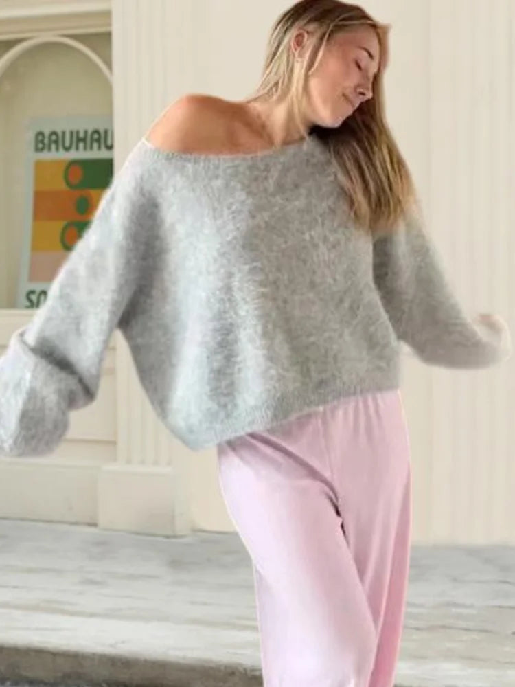Women Solid Off Shoulder Pullover Fashion Classic Full Sleeve Loose Knitted Mohair Knitwear Lady High Street Autumn Sweaters