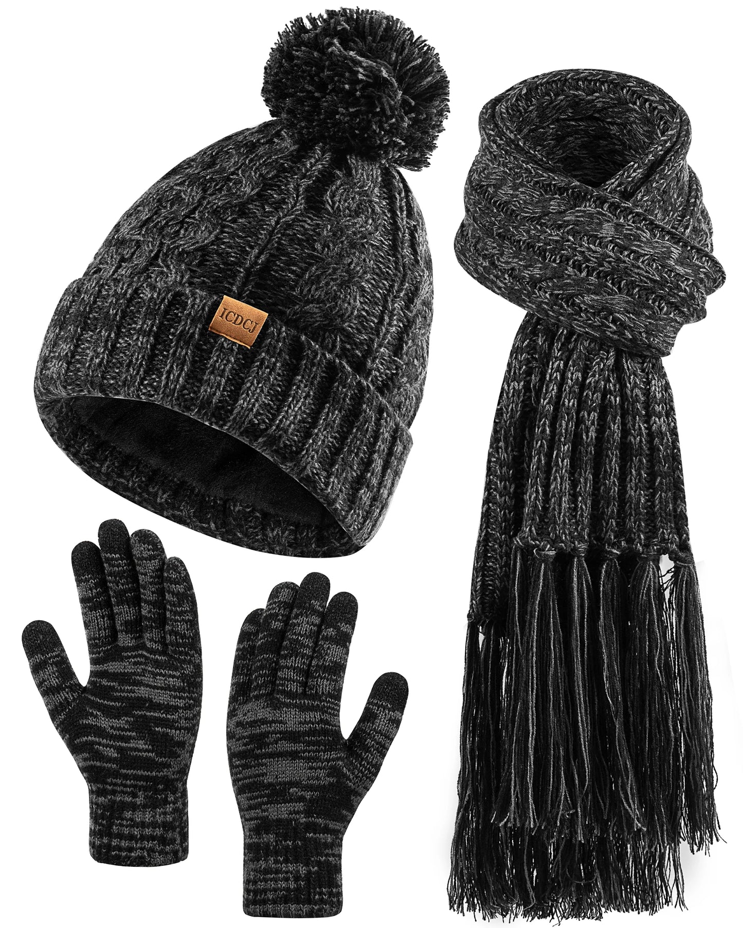 Women Winter Knit Beanie Hat+Touchscreen Gloves+Long Scarve 3 in 1 Set Gift for Women Girls