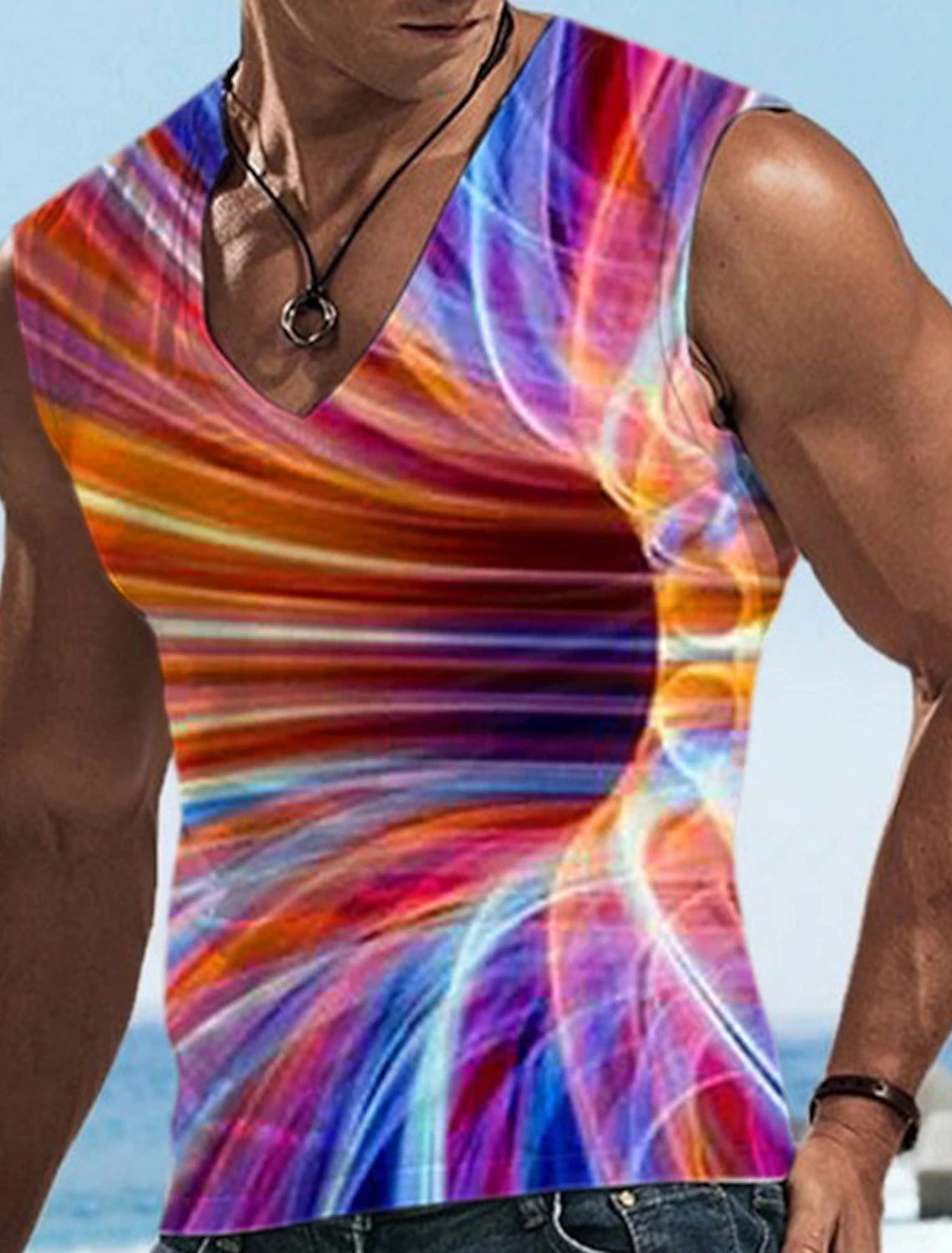 Men\'s Vest Sleeveless T Shirt Patterned Spliced Flame Shirt Casual Muscle V Neck Clothing 3D Printed Sports Running Fitness