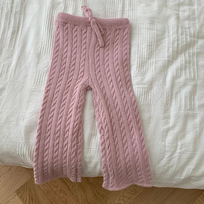 Autumn Spring Korean Style Kids Knitted Clothing Set Long Sleeved Solid Color Knitted Pullover+Pants Baby Girl Clothes Suit