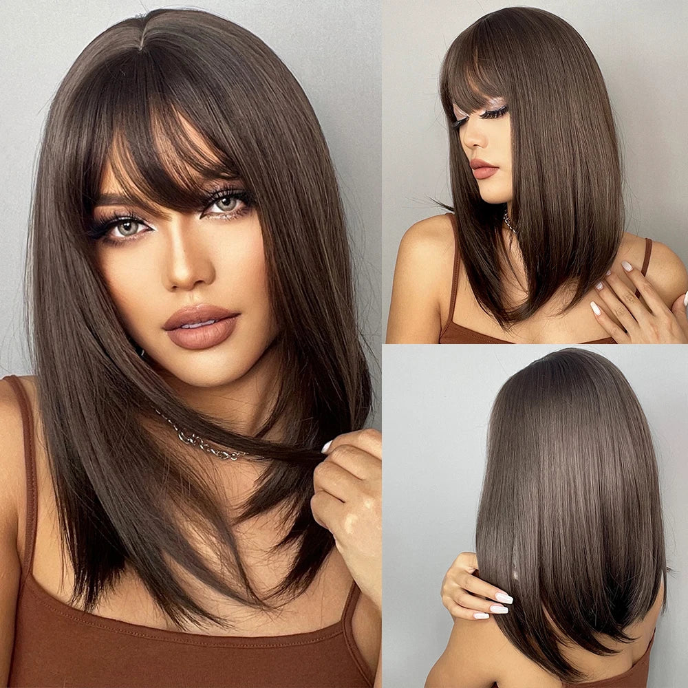 ALAN EATON Layered Synthetic Wigs with Bangs Straight Short Highlights Blonde Hair Wig with for Women Natural Daily Cosplay Wigs