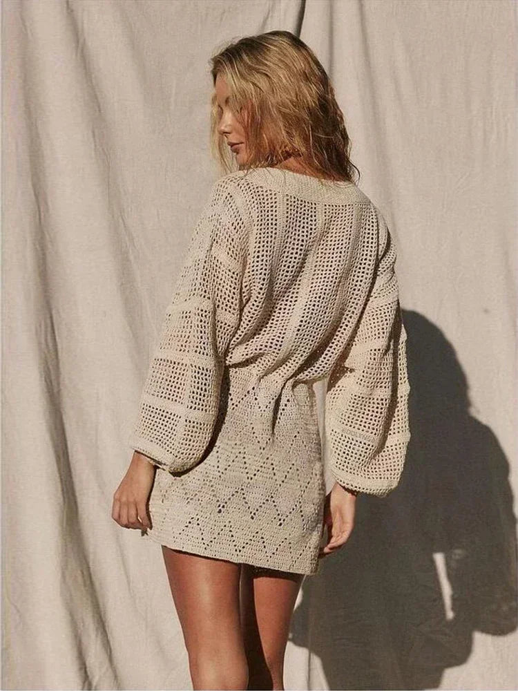 Sexy Deep V-neck Lace-up Bell Sleeve Knit Mesh Hollow Out Beach Mini Dress 2025 Summer Swimsuit Cover Up Women Casual Tunic K14