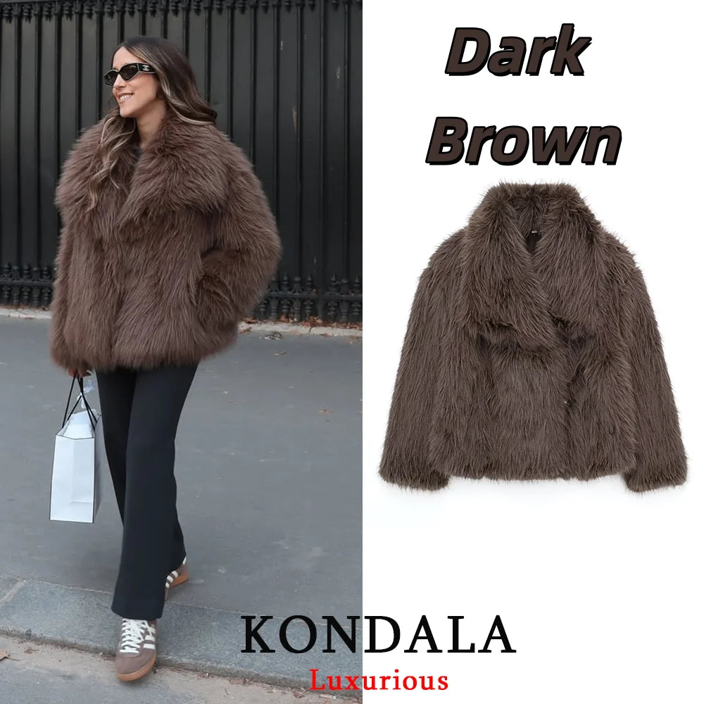 KONDALA Casual Brown Thick Fur Jackets Women Long Sleeve V Neck Autumn Winter Faux Fur Coats Fashion 2025 Streetwear Outwears