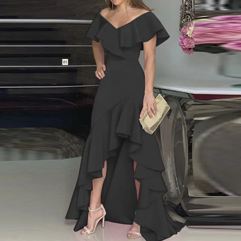 Fashion Evening Dresses Sexy V-Neck Elegant Party Irregular Solid Color Hem Ruffle Women Maxi Dress Short Sleeve Floor Length