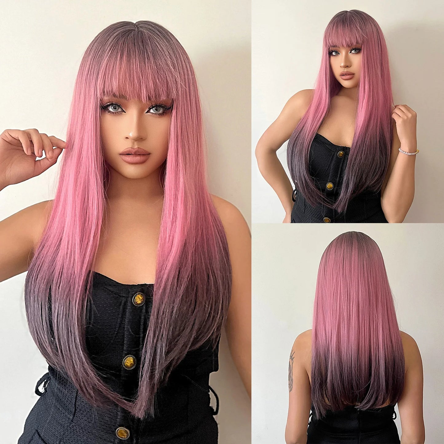 LOUIS FERRE Black Pink Ombre Synthetic Wigs for Cosplay Long Straight Layered Wigs with Bangs for Women Heat Resistant Fake Hair