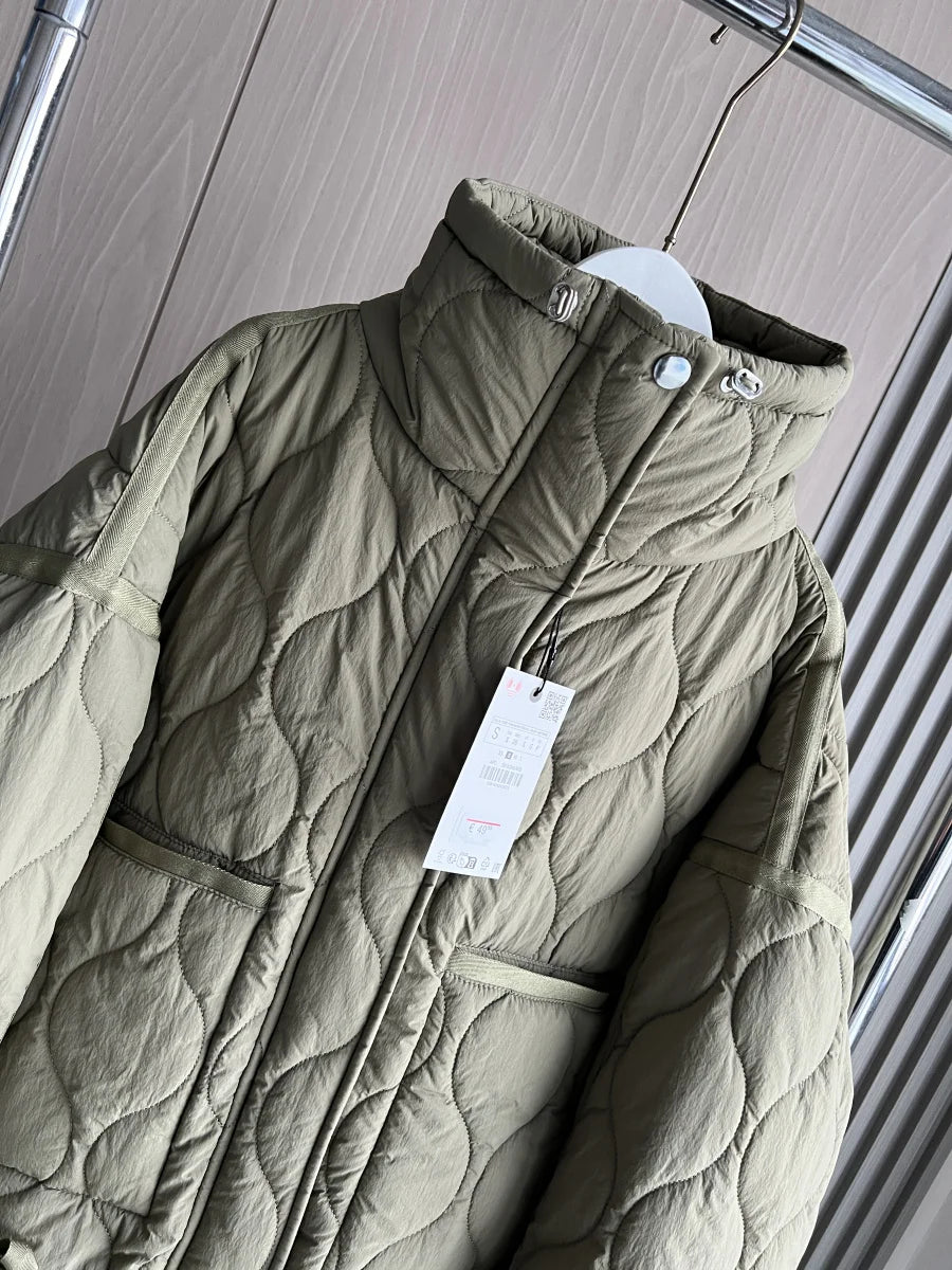 Quilted coat for women ETJ 2025 QUILTED JACKET WITH TIES new beige drawstring high neck pocket clip cotton jacket for women