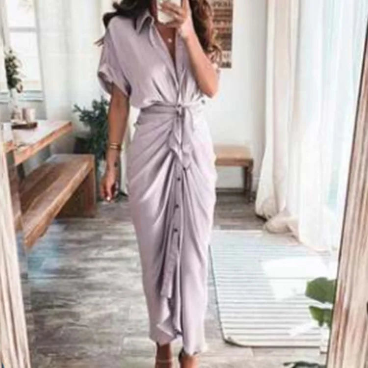 Sexy Irregular Long Dress For Women Fashion V-neck Lace-up Wrinkled Buttoned Dress Elegant Short Sleeves Clothing Ropa De Mujer