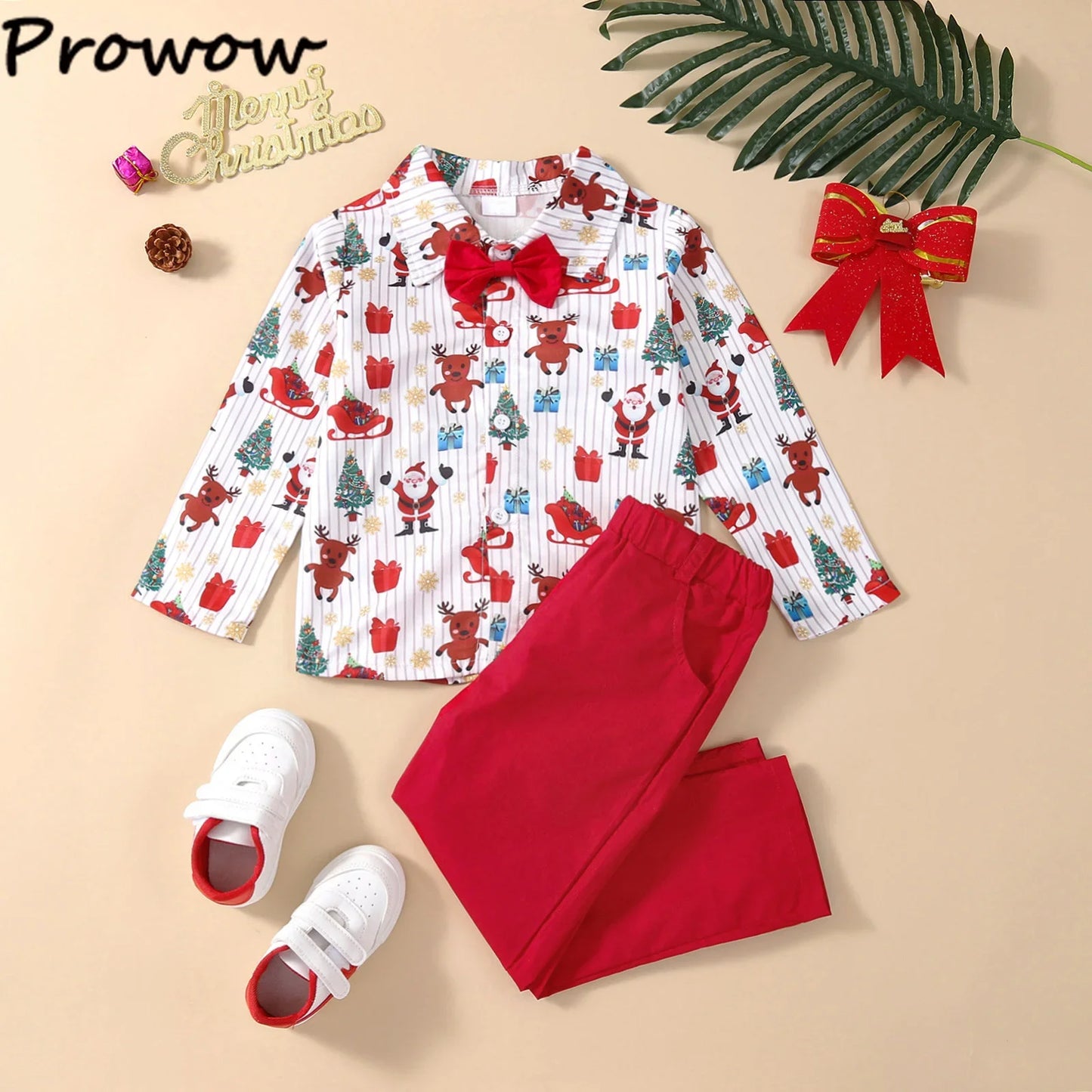 Boys Christmas Outfits For Kids Baby Festival Clothing Short/Long Sleeve Gentleman Shirts+Red Pants New Year Children's Costume