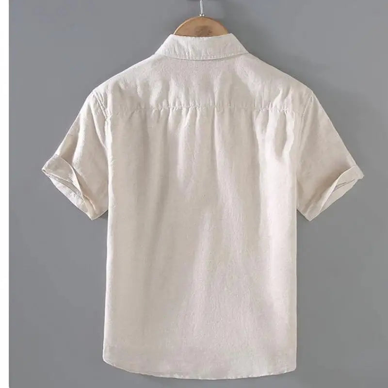 Men's Cotton Linen Short-Sleeved Shirt Summer Streetwear Plain Color Stand Collar Casual Beach Style plus Size M-3XL