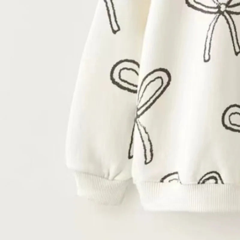 Kids Girl Sweatshirt Childish Flower Bow Print Round Neck Cotton Sweatshirts Autumn Winter Long Sleeve T-Shirt Children Clothes