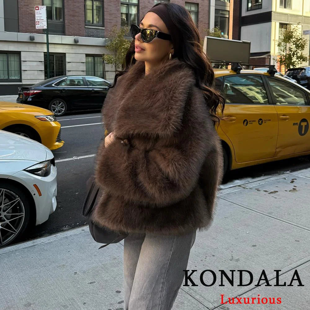 KONDALA Casual Brown Thick Fur Jackets Women Long Sleeve V Neck Autumn Winter Faux Fur Coats Fashion 2025 Streetwear Outwears