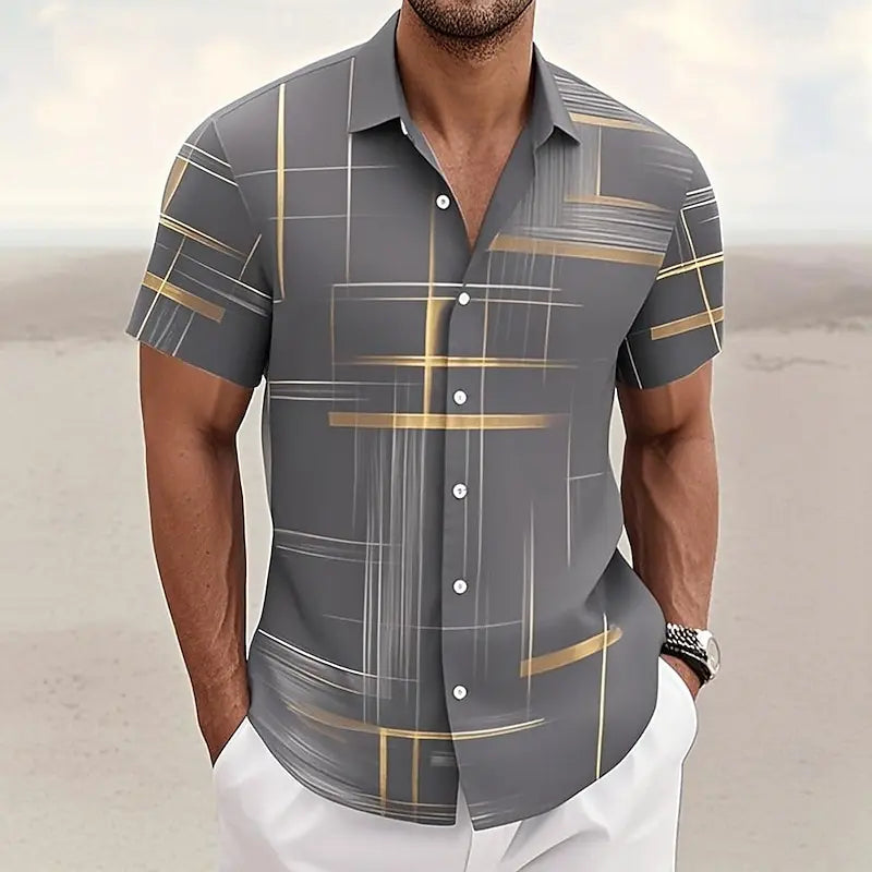 8 Color Men's Geometric Grid Shirt Button Shirt Short Sleeve Fashion Casual Outdoor Vacation Streetwear 3D Printed Lapel Shirt
