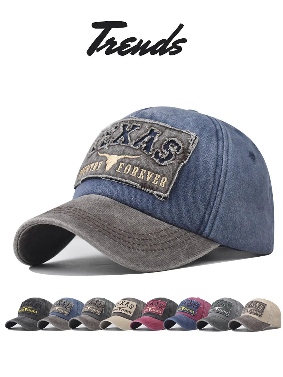 Baseball Cap Sun hat Retro-style Washed denim TEXAS Color matching Shut and run Spring Autumn baseball Hip Hop Fitted Cap