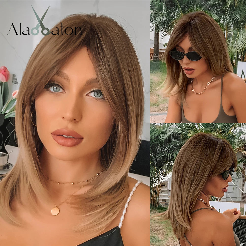 ALAN EATON Layered Synthetic Wigs with Bangs Straight Short Highlights Blonde Hair Wig with for Women Natural Daily Cosplay Wigs
