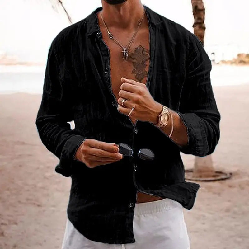Men's Summer Shirt Casual Lightweight Solid Color Loose Single Breasted Lapel Cotton Linen Long Sleeve Shirt Vacation Beach Tops