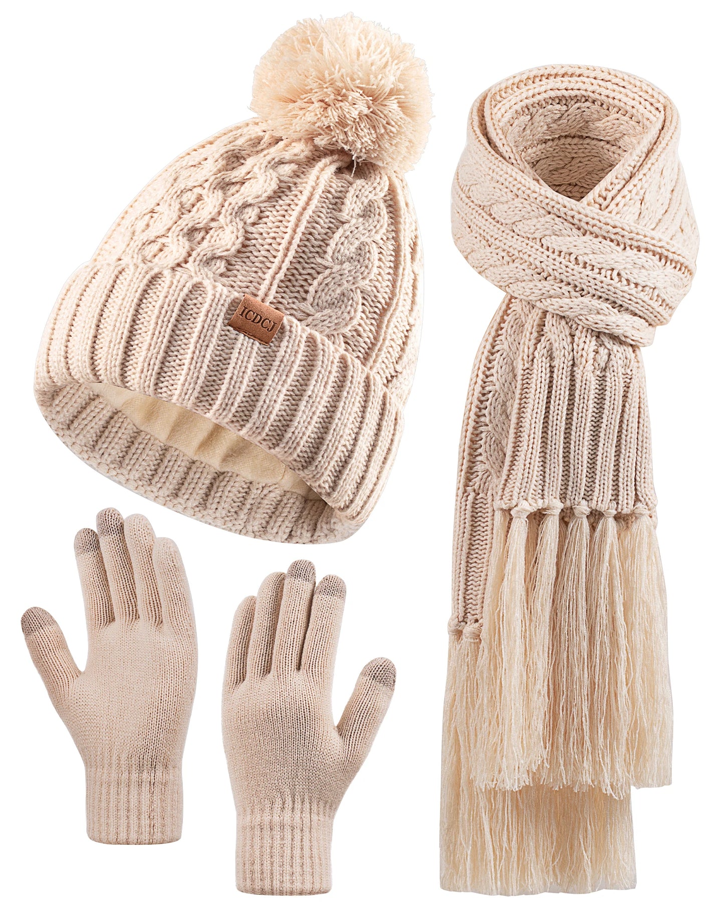 Women Winter Knit Beanie Hat+Touchscreen Gloves+Long Scarve 3 in 1 Set Gift for Women Girls