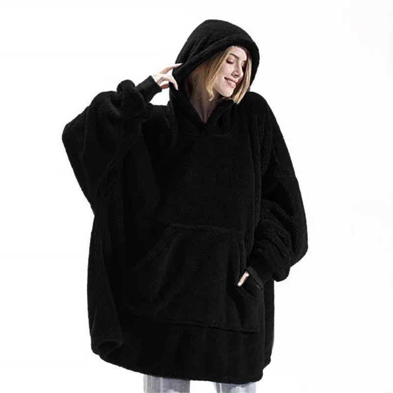New Winter Women Double-faced Fleece Hoodie Blanket Oversize Large Pocket Warm Couple Loose Sweatshirts Women And Men Robe