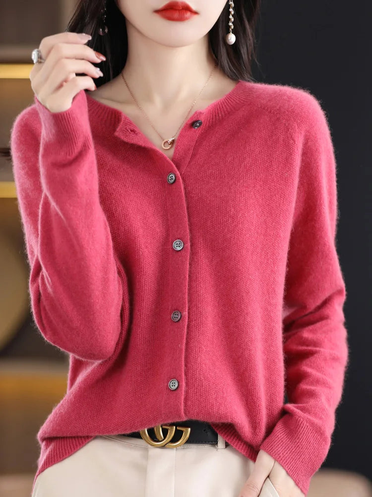Long Sleeve 100% Merino Wool Sweaters Cashmere Cardigan Spring Autumn Women O-Neck Knitwear Tops Clothing Fashion Basic Tops