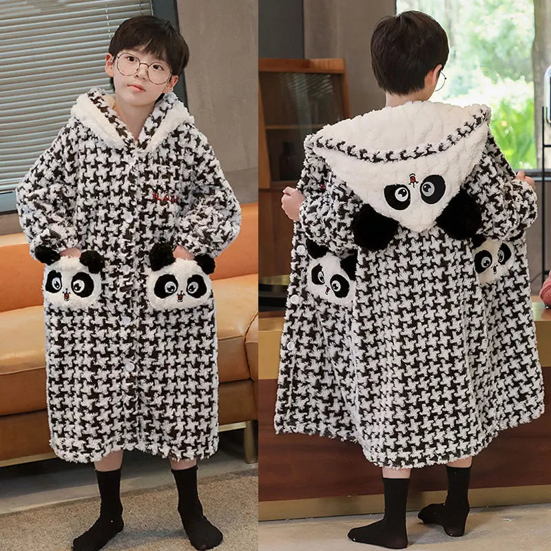 Kids Winter Bathrobe Thicken Warm Home Robe Baby Homewear Animal Dinosaur Cartoon Bathrobe For Children Hooded Gilrs Boys Robe