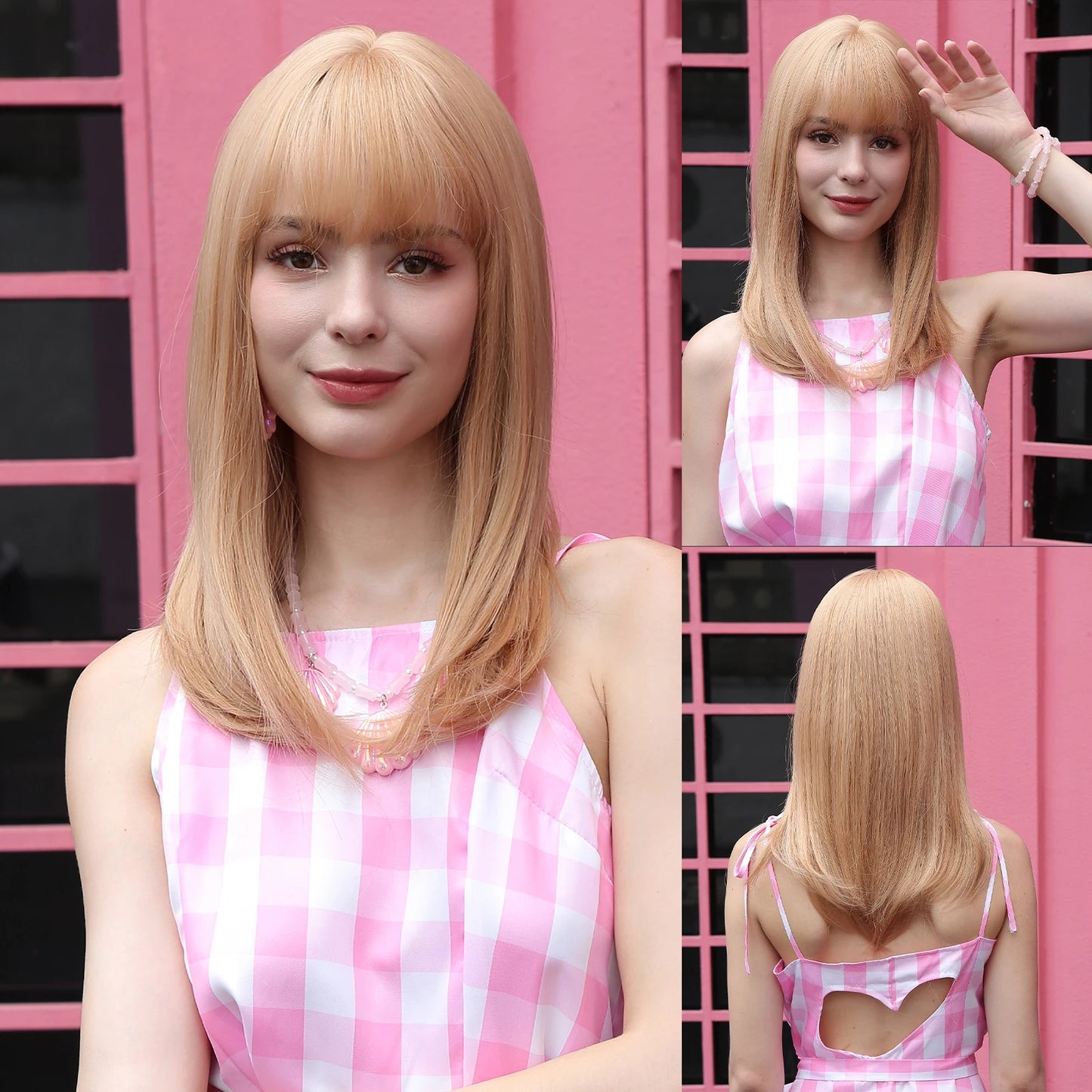 LOUIS FERRE Black Pink Ombre Synthetic Wigs for Cosplay Long Straight Layered Wigs with Bangs for Women Heat Resistant Fake Hair