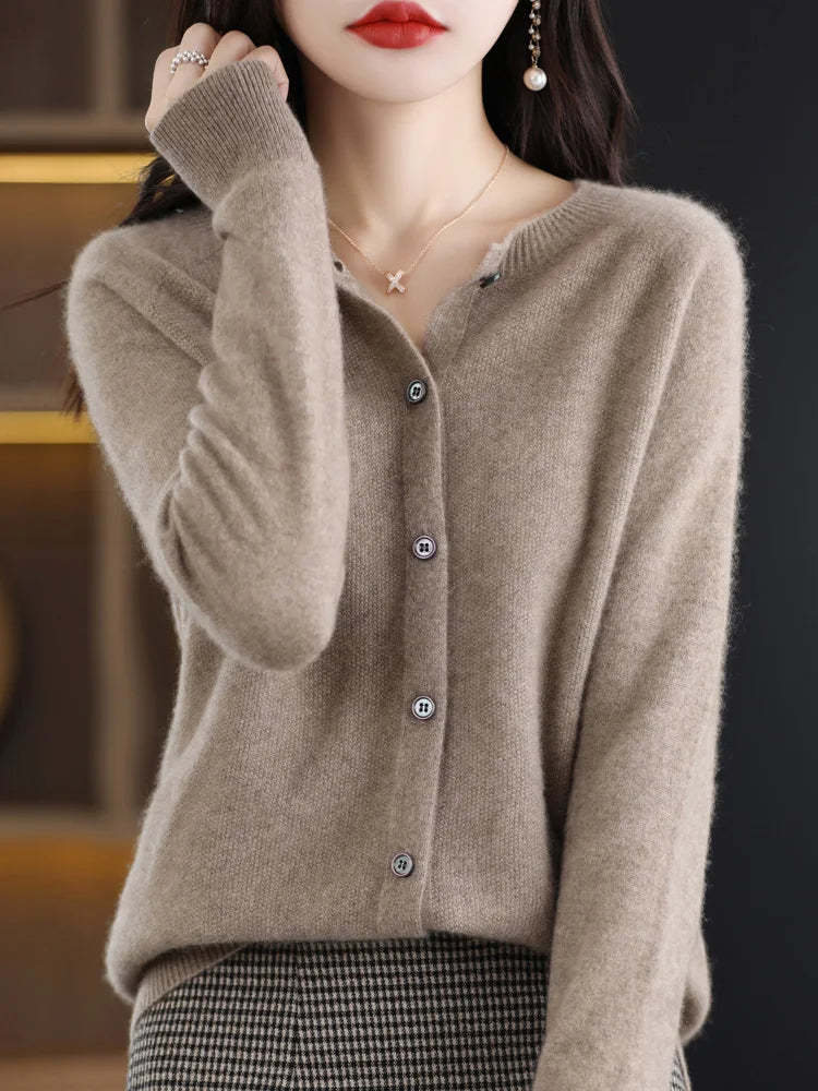 Long Sleeve 100% Merino Wool Sweaters Cashmere Cardigan Spring Autumn Women O-Neck Knitwear Tops Clothing Fashion Basic Tops
