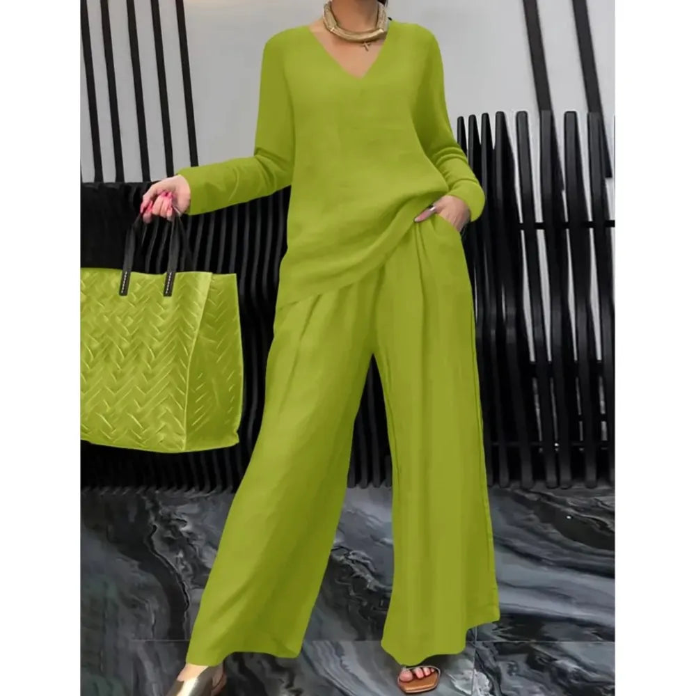 Solid Color Casual V-neck Trousers Women's 2piece Set Spring Autumn New Fashion Pocket Straight Trousers Female Office Suit 2025