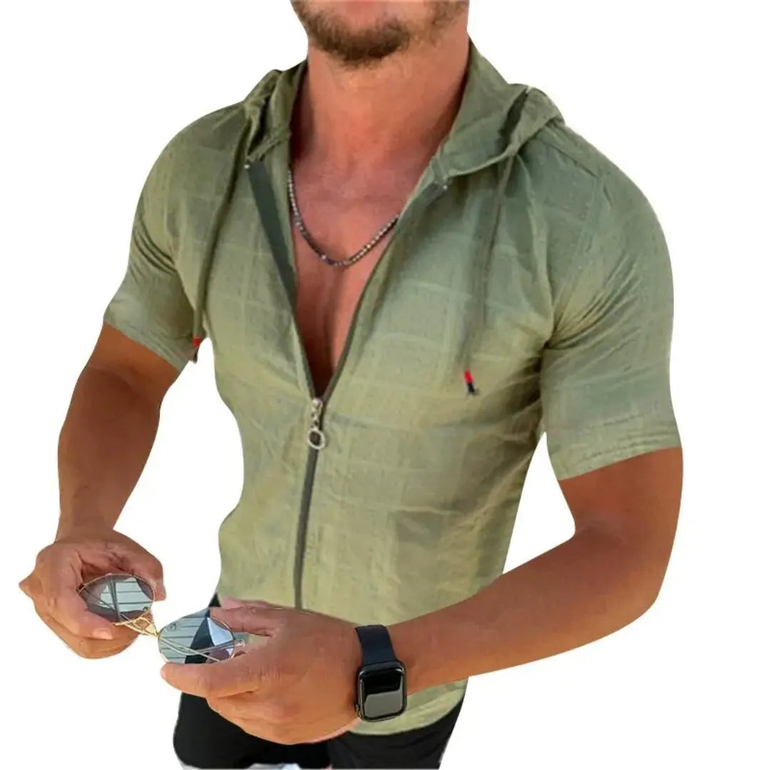 2026 summer new fashion plaid zipper sleeveless hooded cardigan T-shirt men's slim sports breathable fitness top
