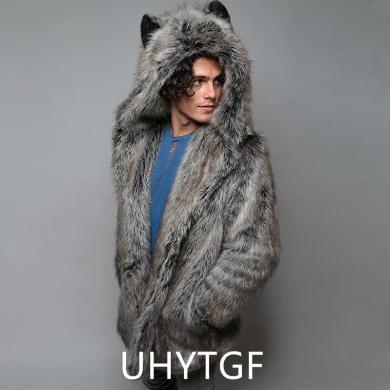 Men's Faux Fur Coat Long Sleeve Hooded Thick Warm Jackets Male Plush Fluffy Cardigan Casual Parka Snow Wear Winter Fur Coat 512